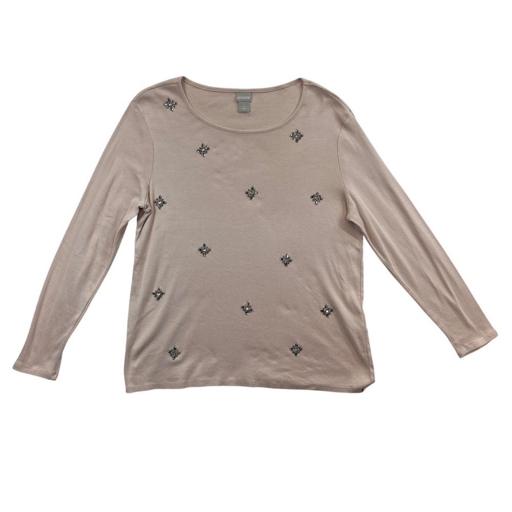 Chicos Sweater Womens 2 M Pink Long Sleeve Beaded Embellished Knit